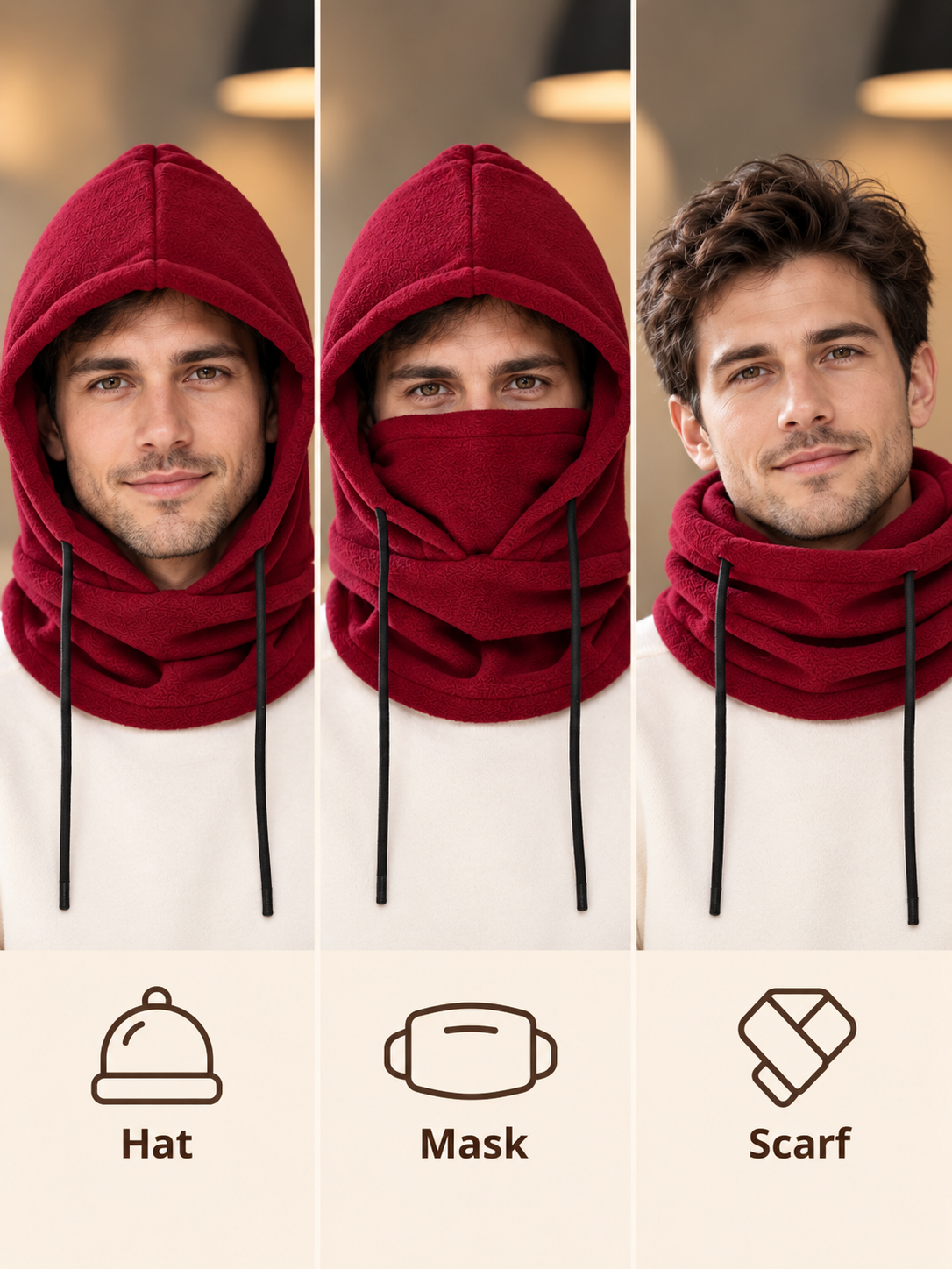 Cagoule 3-en-1 unisexe Burgundy - capuche masque écharpe
