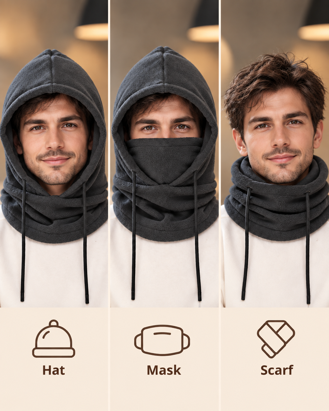 Cagoule 3-en-1 unisexe gris foncé - capuche masque écharpe