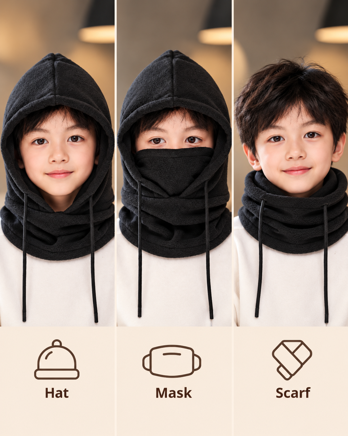 Cagoule 3-en-1 unisexe noire - capuche masque écharpe
