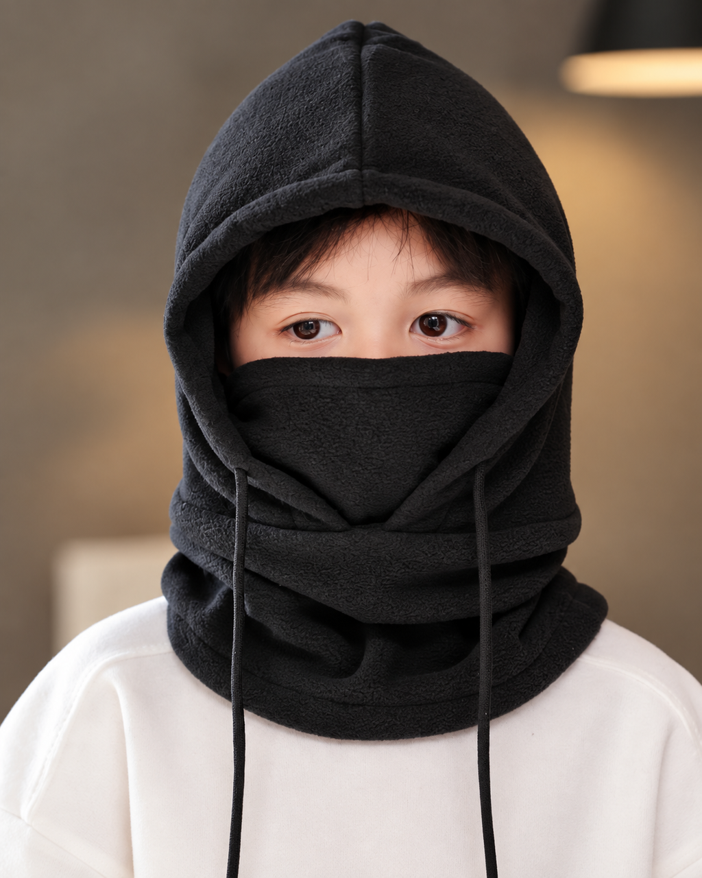 Cagoule 3-en-1 unisexe noire portée en capuche et masque