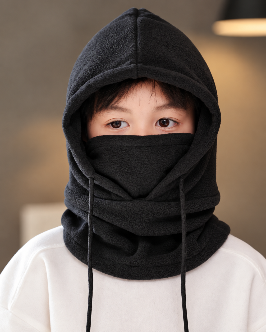 Cagoule 3-en-1 unisexe noire portée en capuche et masque