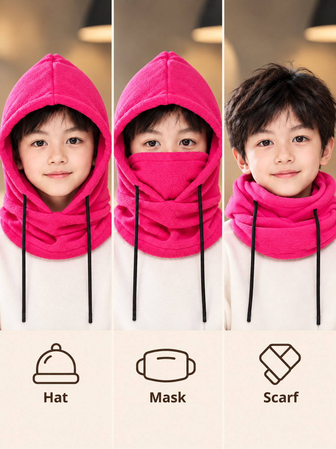 Cagoule 3-en-1 unisexe rose - capuche masque écharpe