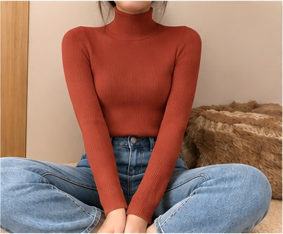 Pull col roulé femme en maille fine - Brick Red