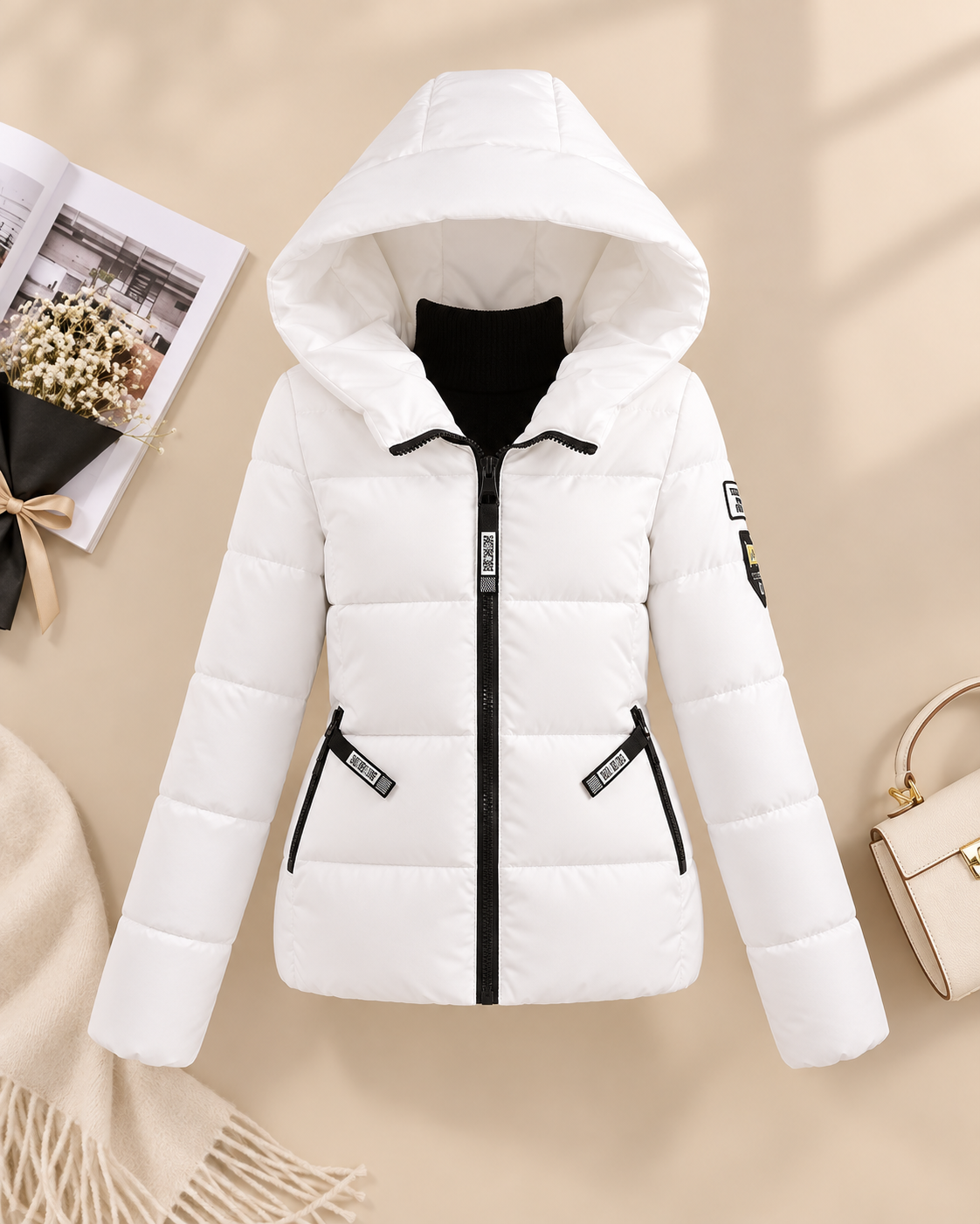 Doudoune courte femme à capuche blanche - vue produit