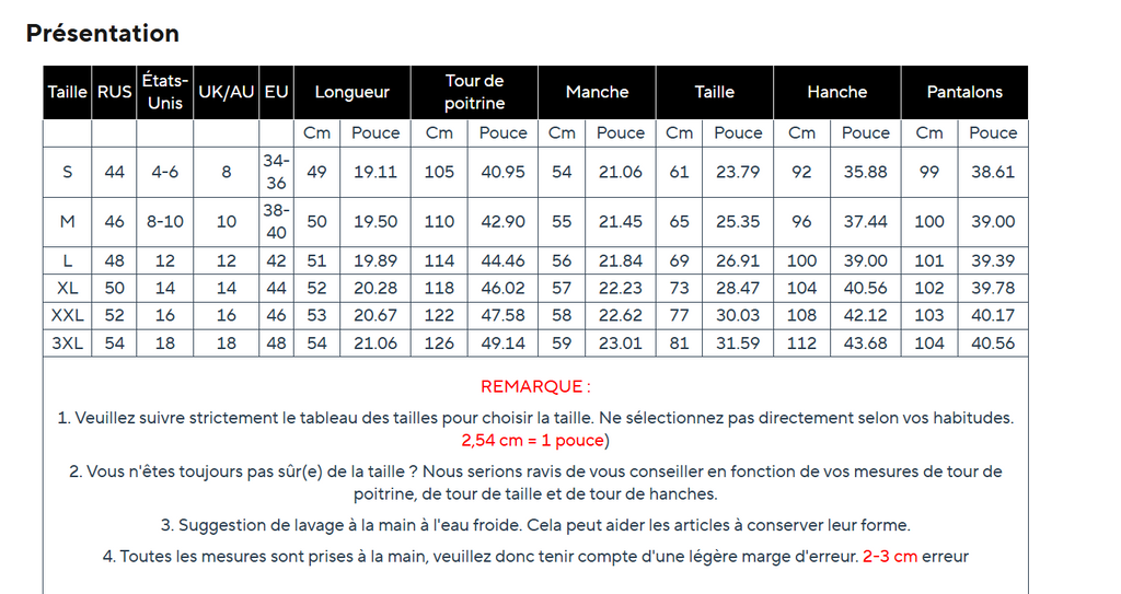 Guide des tailles ensemble femme 3 pièces