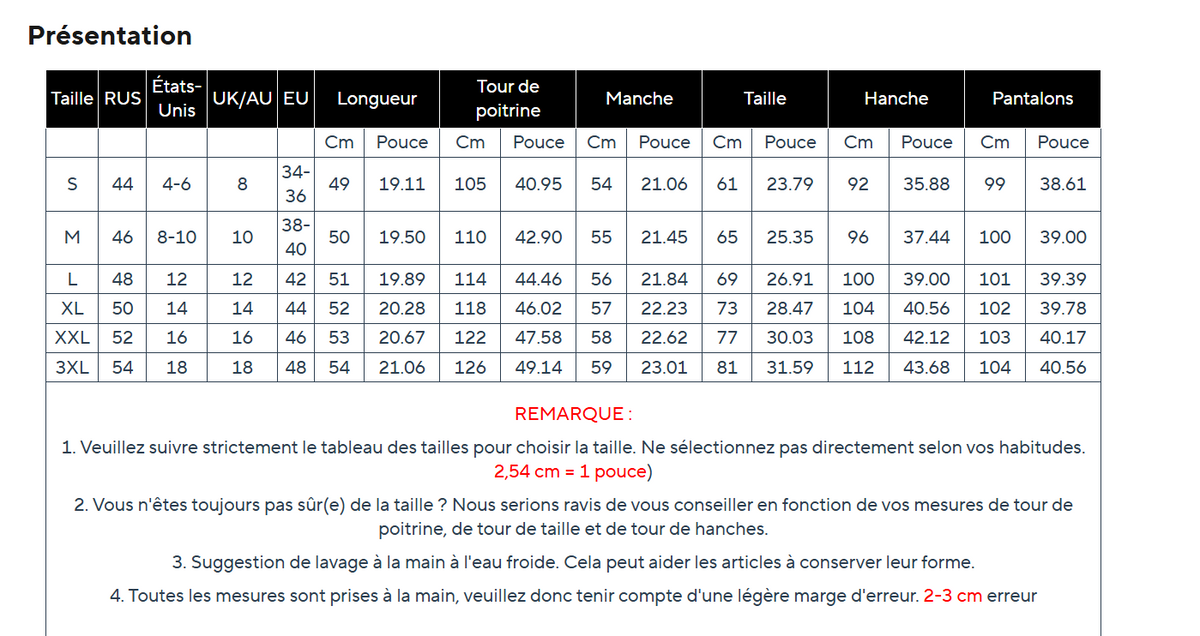 Guide des tailles ensemble femme 3 pièces