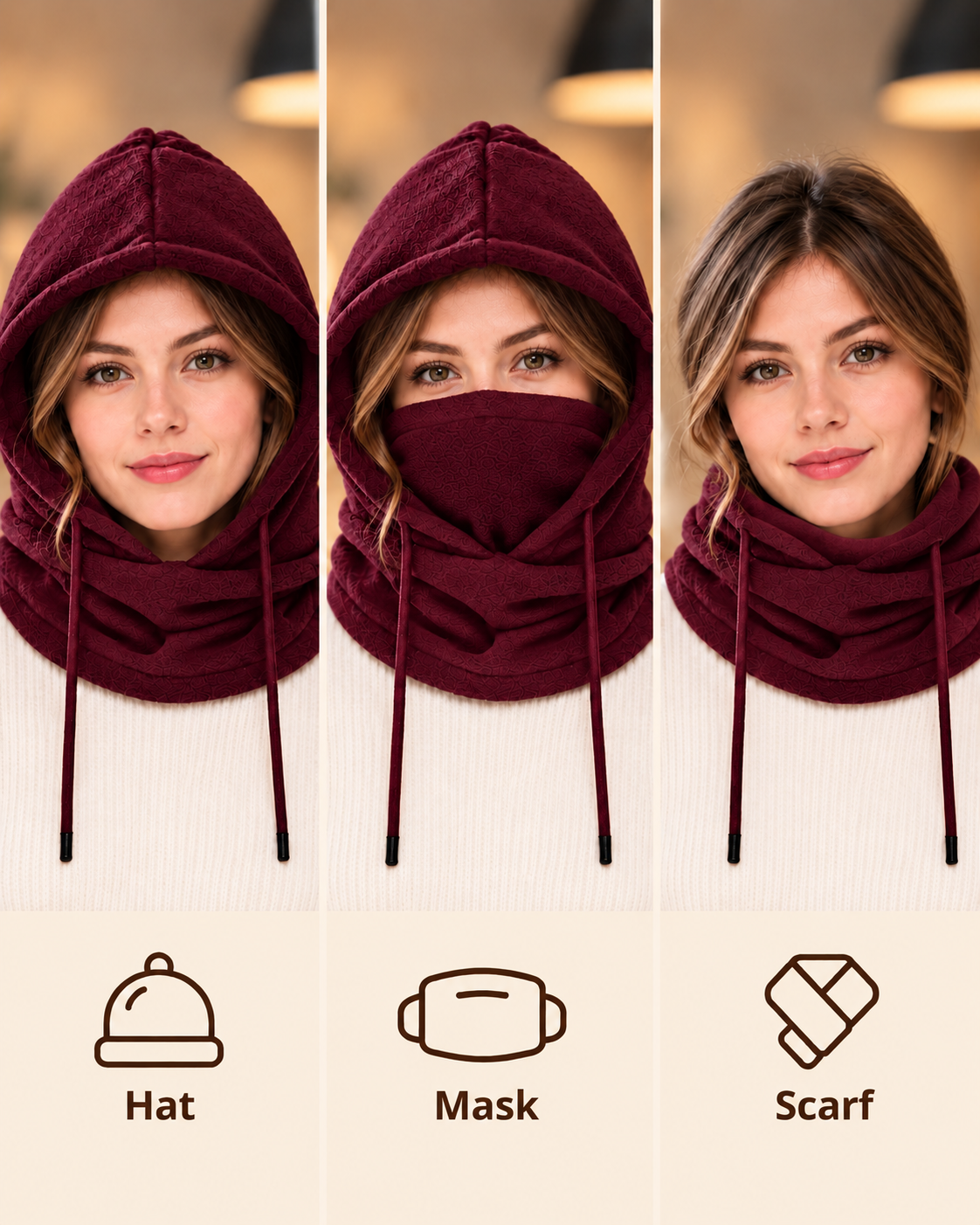 Cagoule 3-en-1 femme Burgundy - bonnet masque écharpe