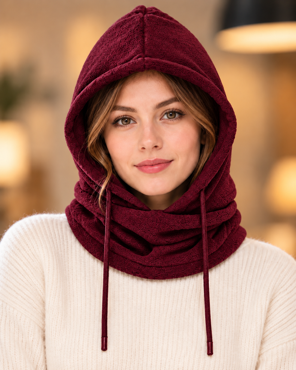 Cagoule 3-en-1 femme Burgundy portée en capuche