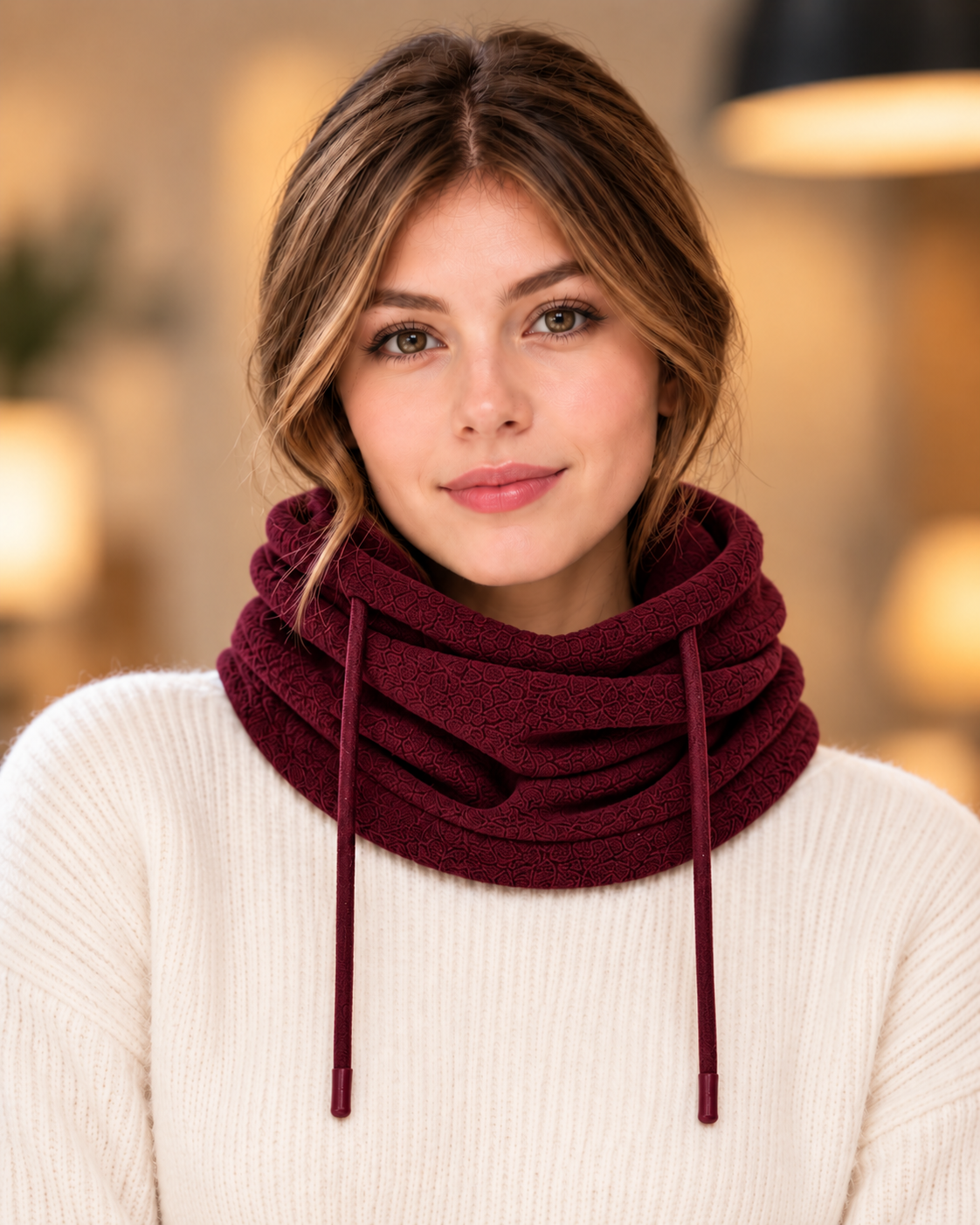 Cagoule 3-en-1 femme Burgundy portée en écharpe