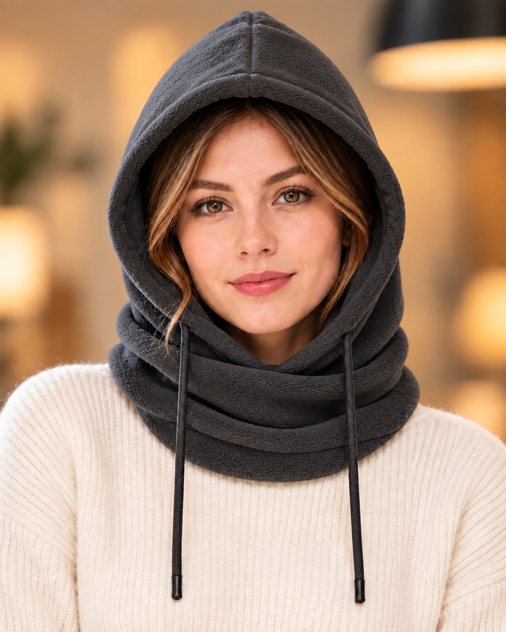 Cagoule 3-en-1 femme gris foncé portée en capuche