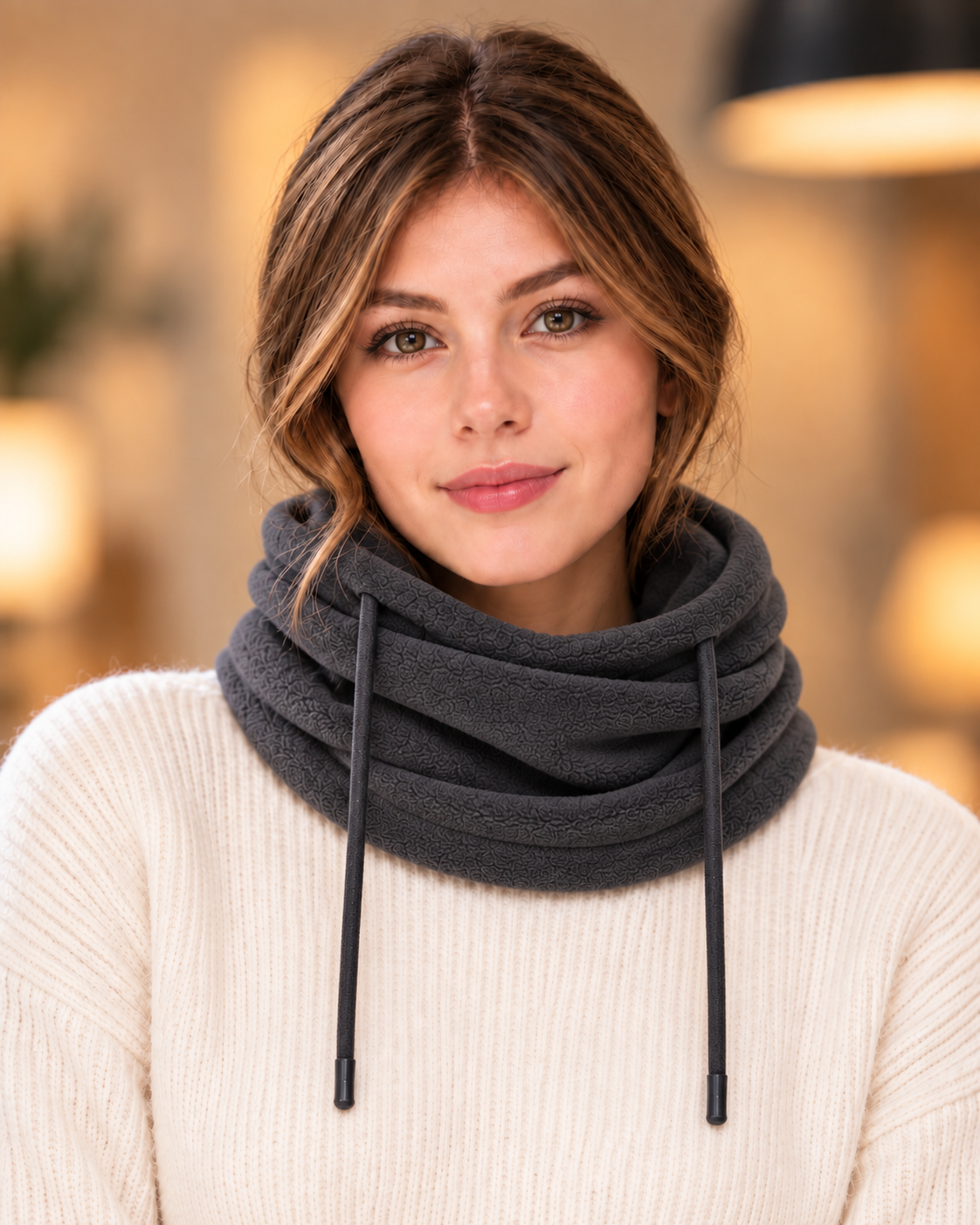 Cagoule 3-en-1 femme gris foncé portée en écharpe