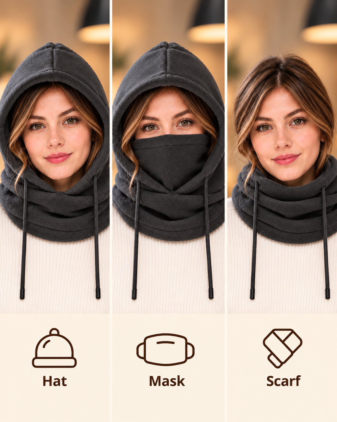 Cagoule 3-en-1 femme gris foncé - bonnet masque écharpe