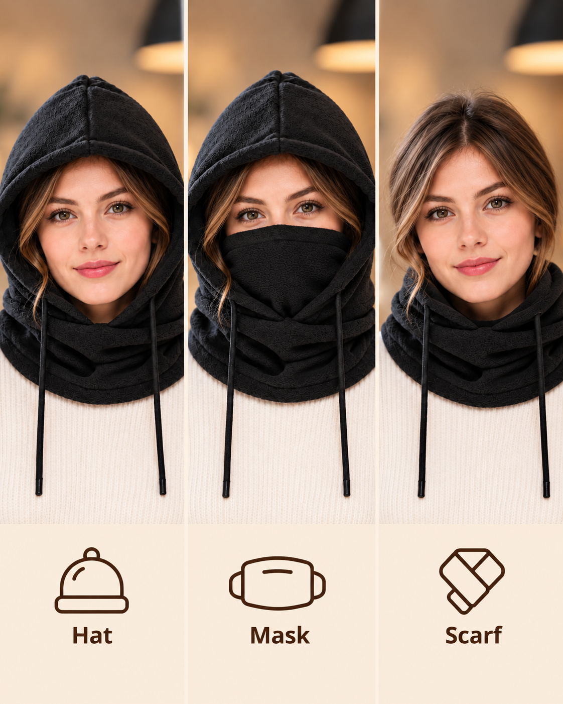 Cagoule 3-en-1 femme noire - bonnet masque écharpe