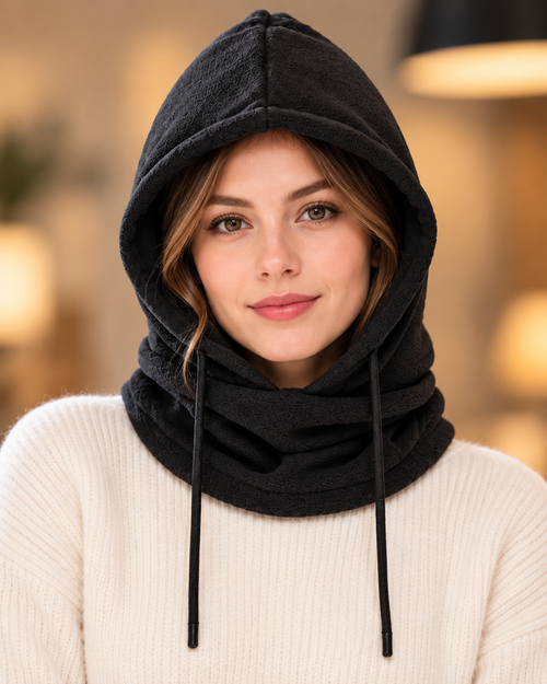 Cagoule 3-en-1 femme noire portée en capuche