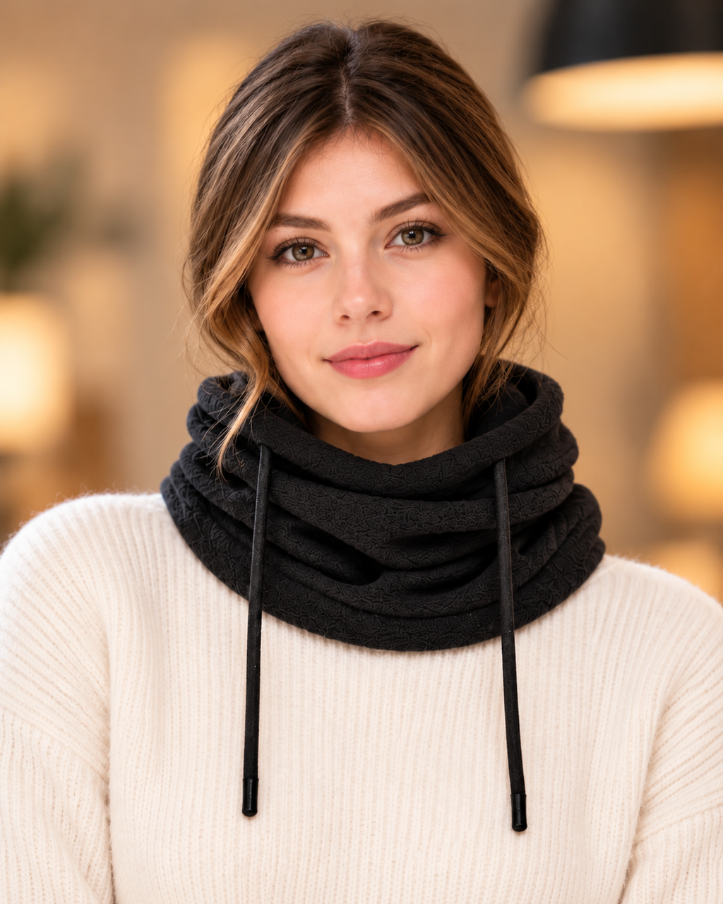 Cagoule 3-en-1 femme noire portée en écharpe