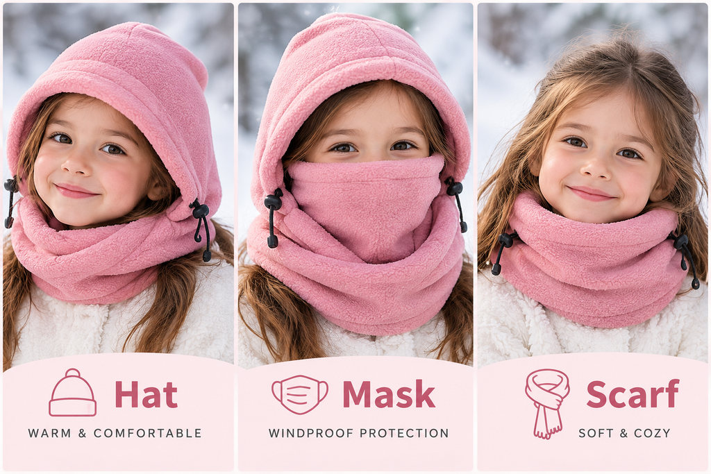Cagoule 3-en-1 rose enfant - bonnet masque écharpe
