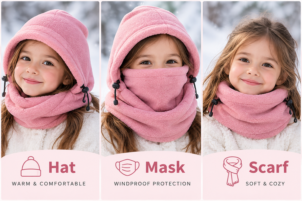 Cagoule 3-en-1 rose enfant - bonnet masque écharpe