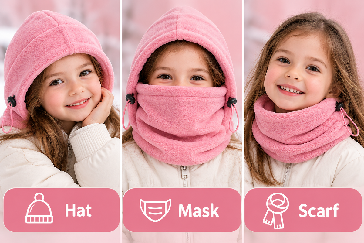 Cagoule 3-en-1 rose enfant - présentation 3 fonctions