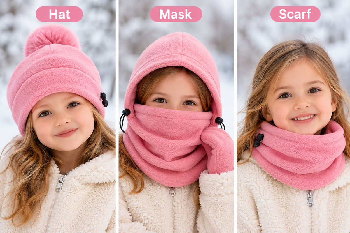 Cagoule 3-en-1 rose enfant - bonnet masque écharpe