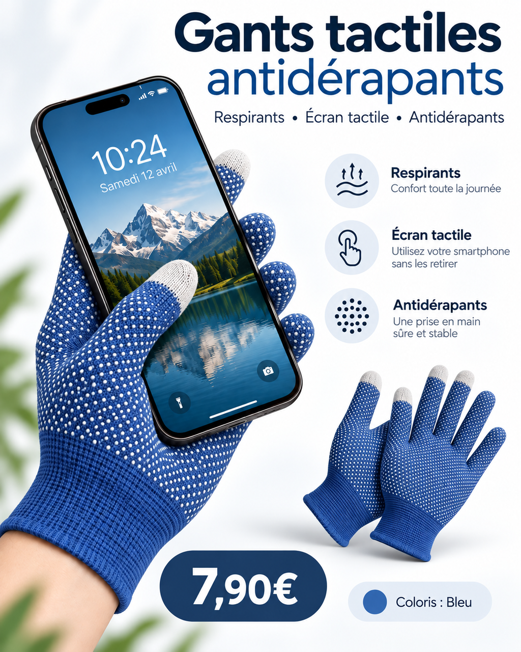 Gants tactiles antidérapants bleu - 7,90 €