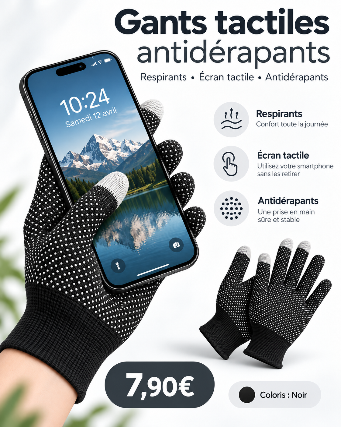 Gants tactiles antidérapants noir - 7,90 €