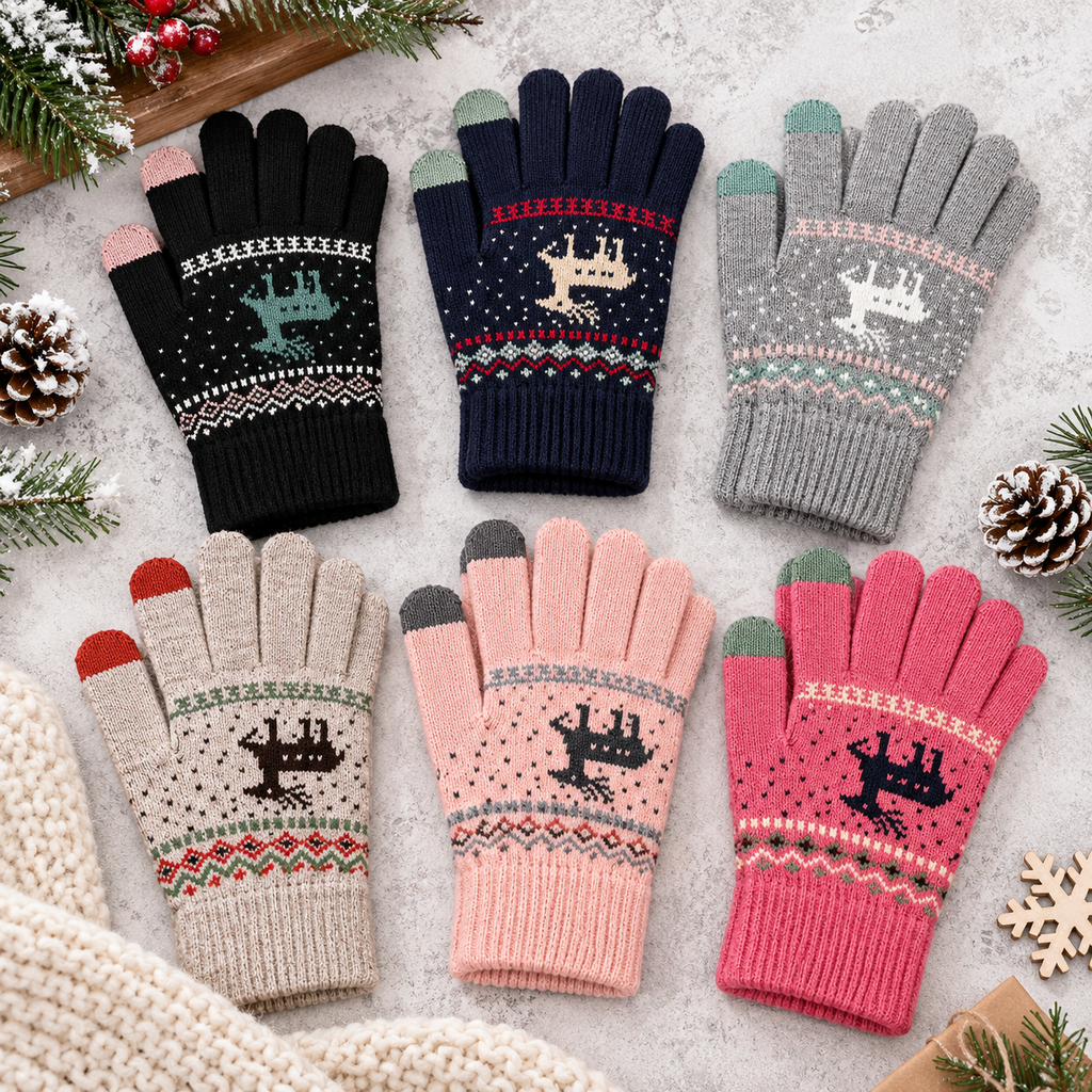 Gants d'hiver tactiles motif renne - 6 coloris