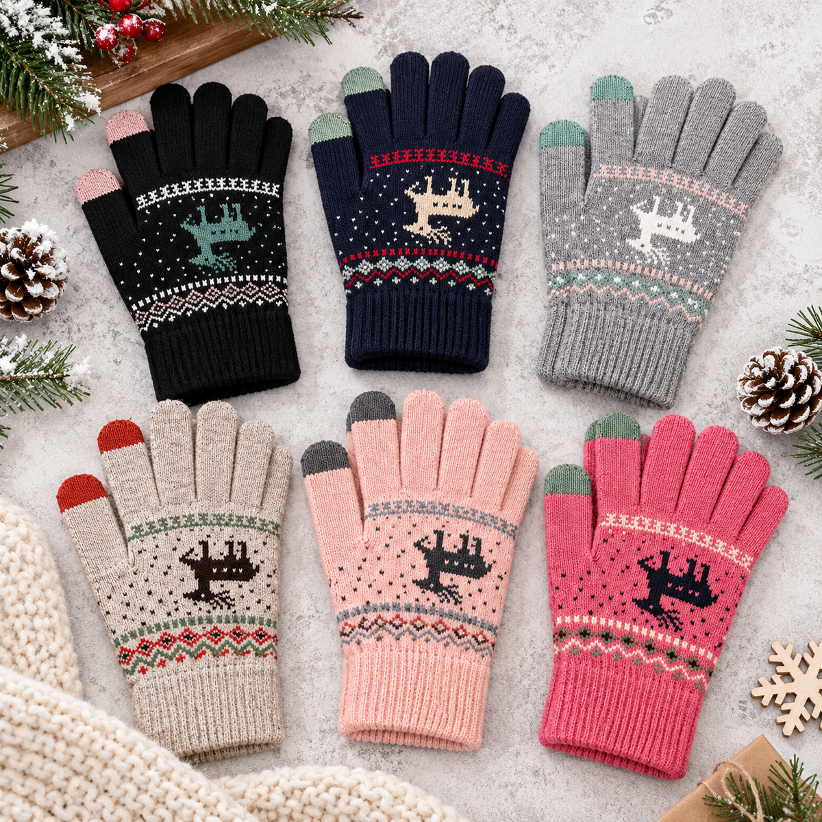 Gants d'hiver tactiles motif renne - 6 coloris