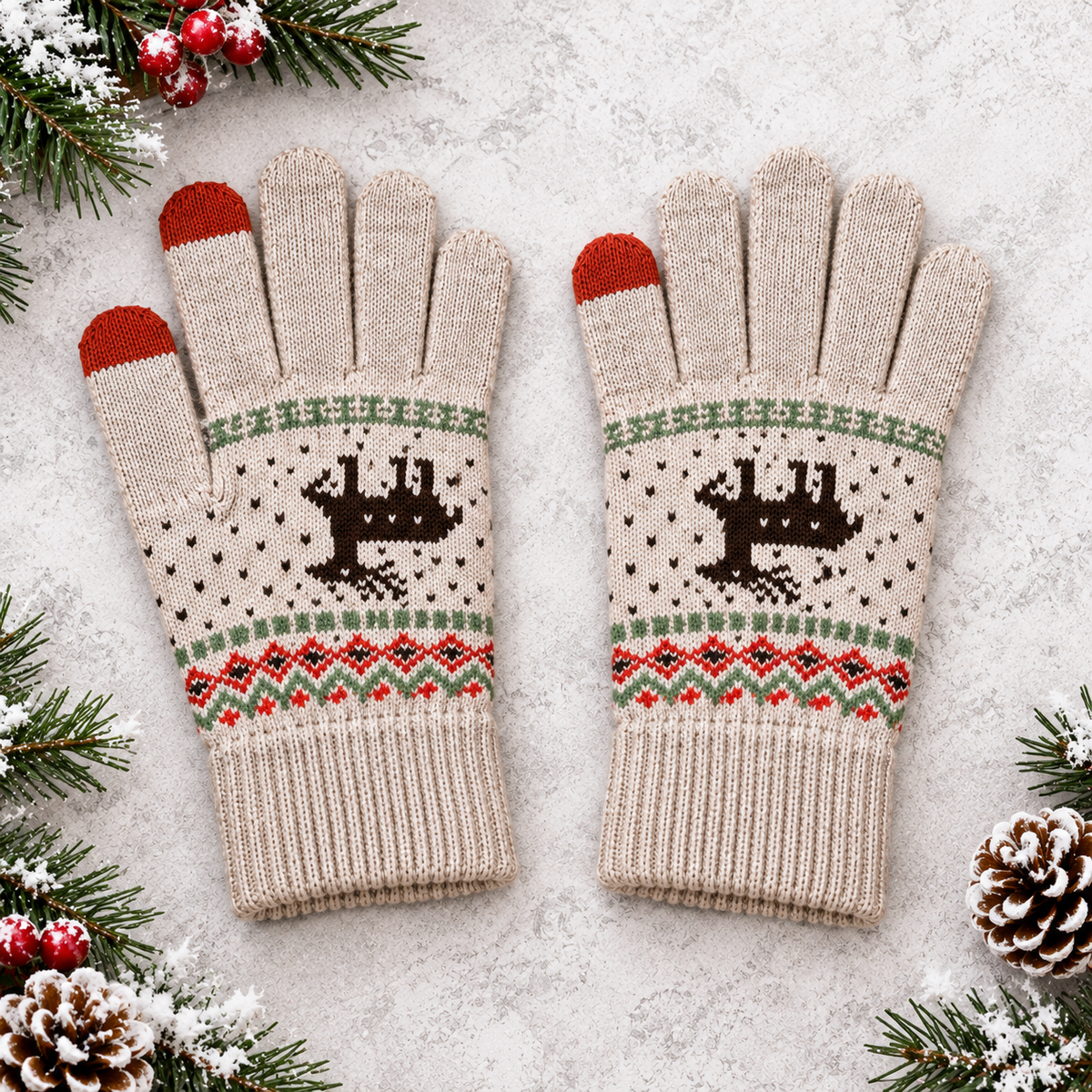Gants d'hiver tactiles motif renne - Beige