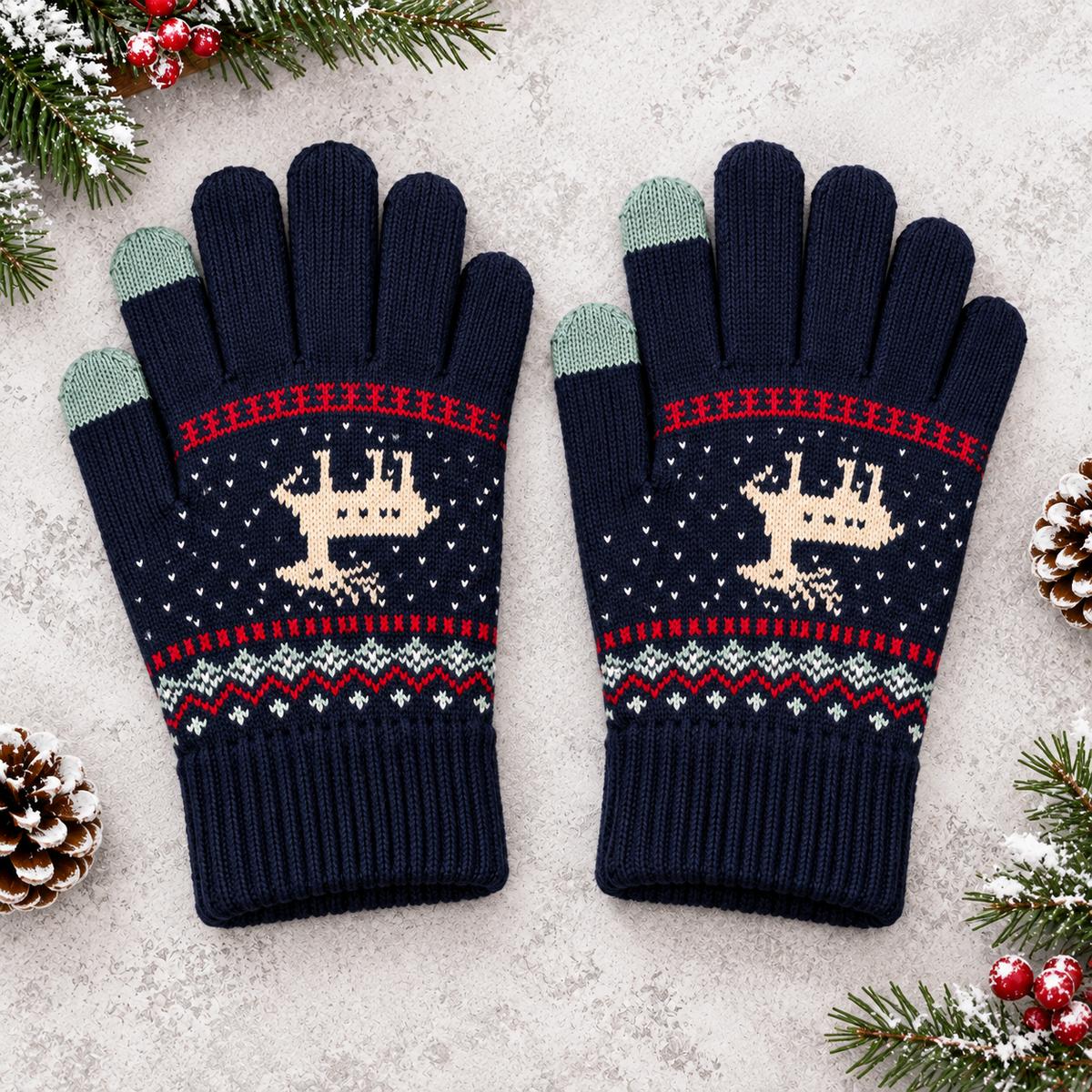 Gants d'hiver tactiles motif renne - Bleu marine