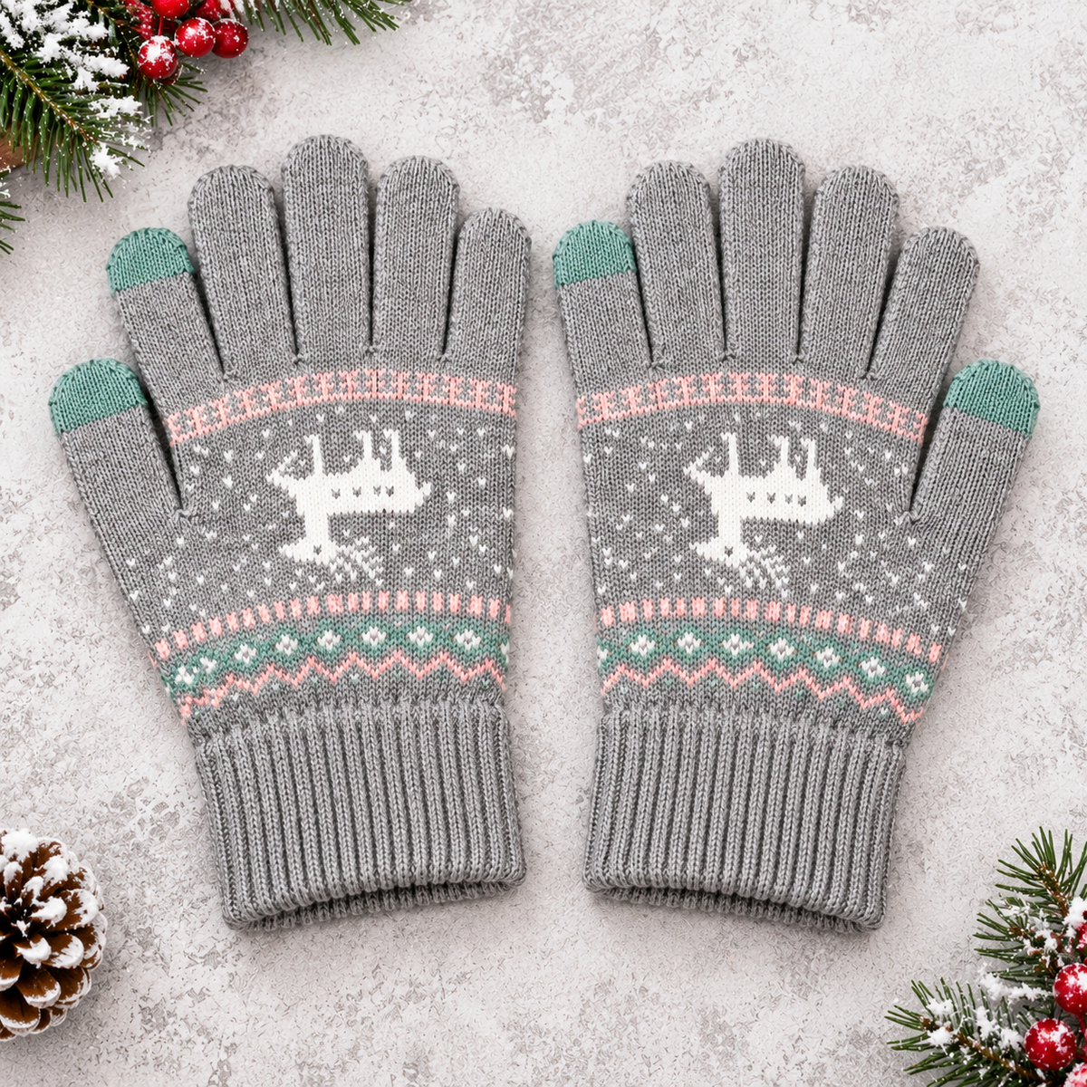 Gants d'hiver tactiles motif renne - Gris