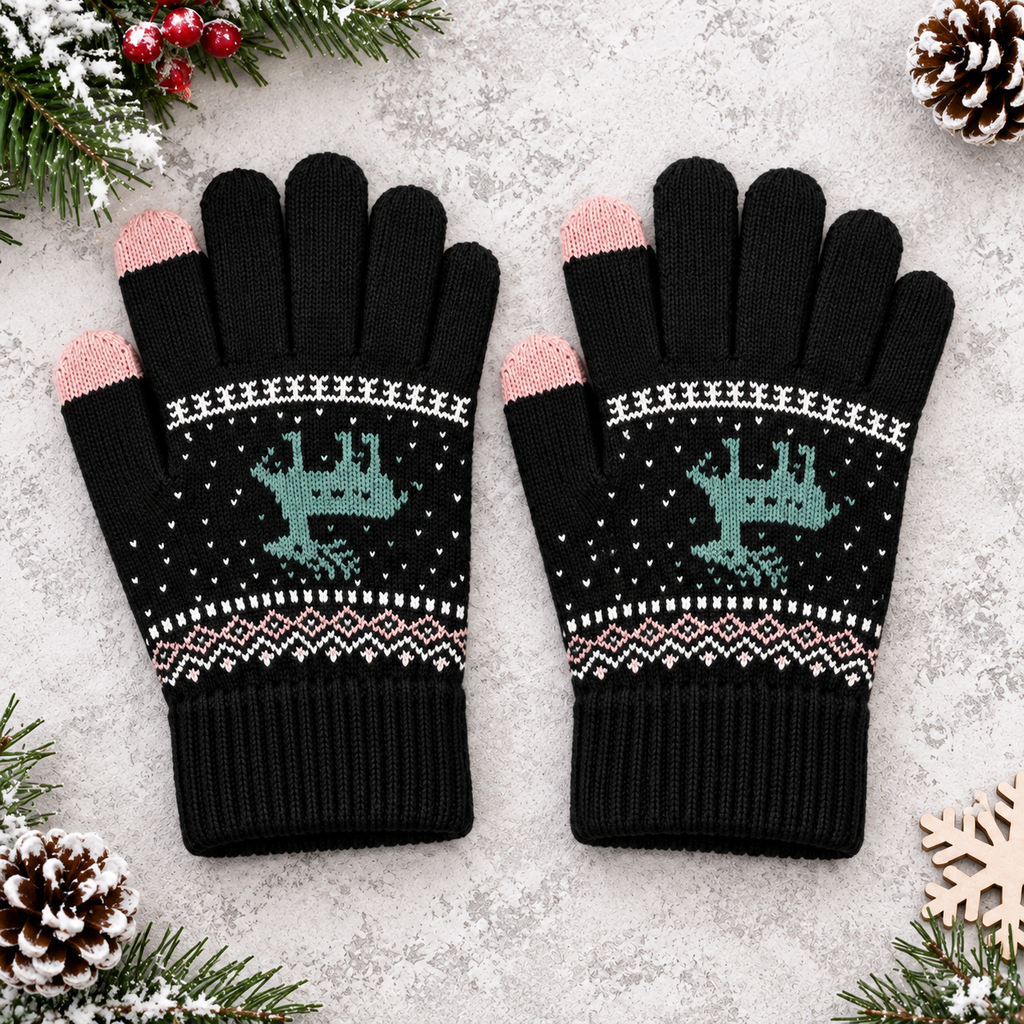Gants d'hiver tactiles motif renne - Noir