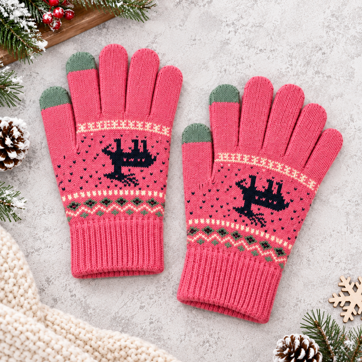 Gants d'hiver tactiles motif renne - Rose clair