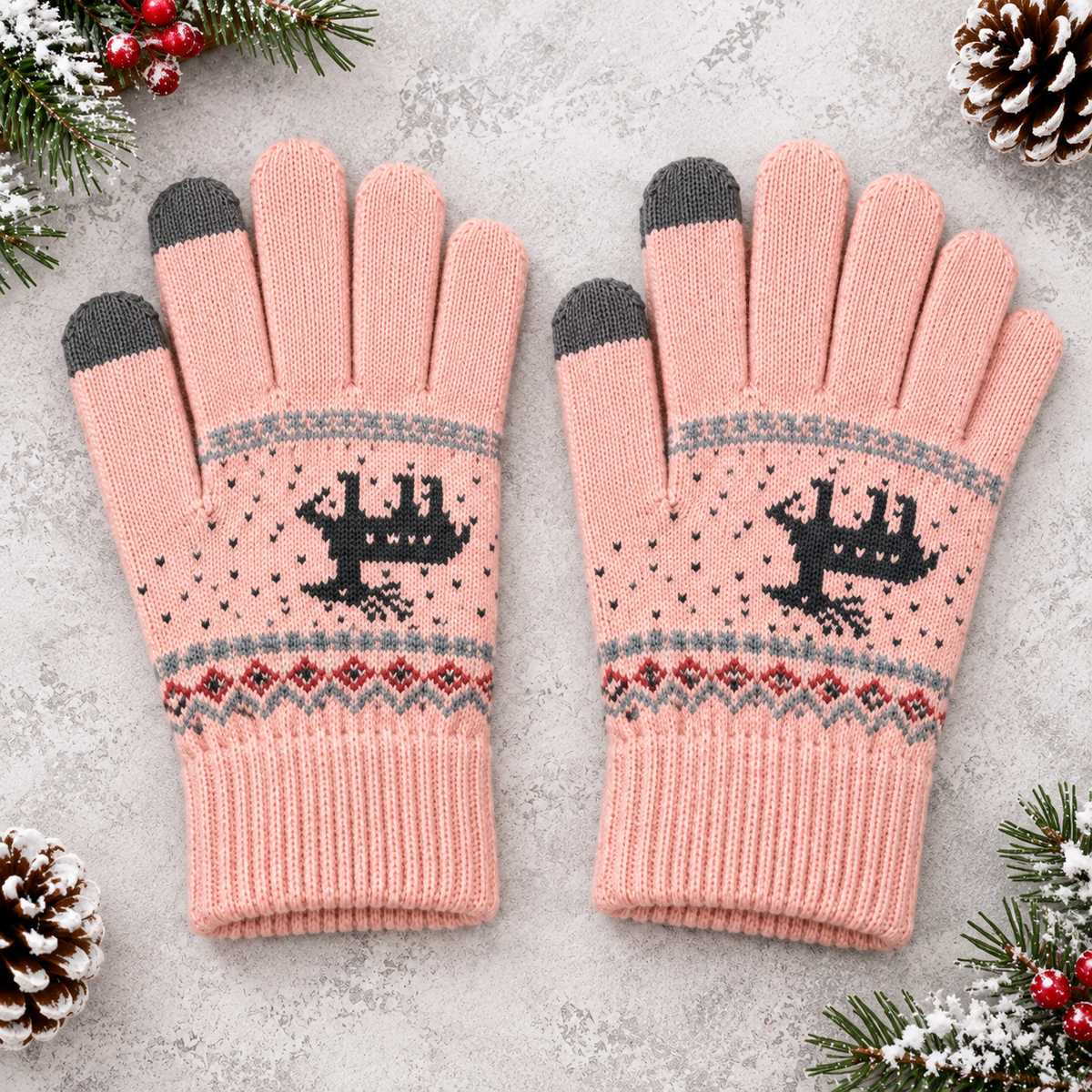 Gants d'hiver tactiles motif renne - Rose foncé