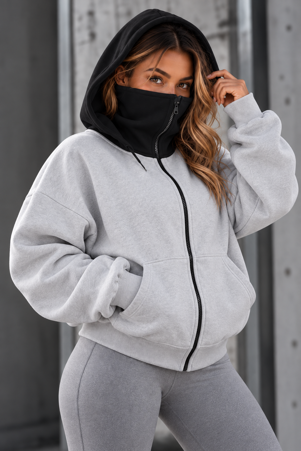 Hoodie femme zippé à capuche intégrée - Gris clair capuche noire