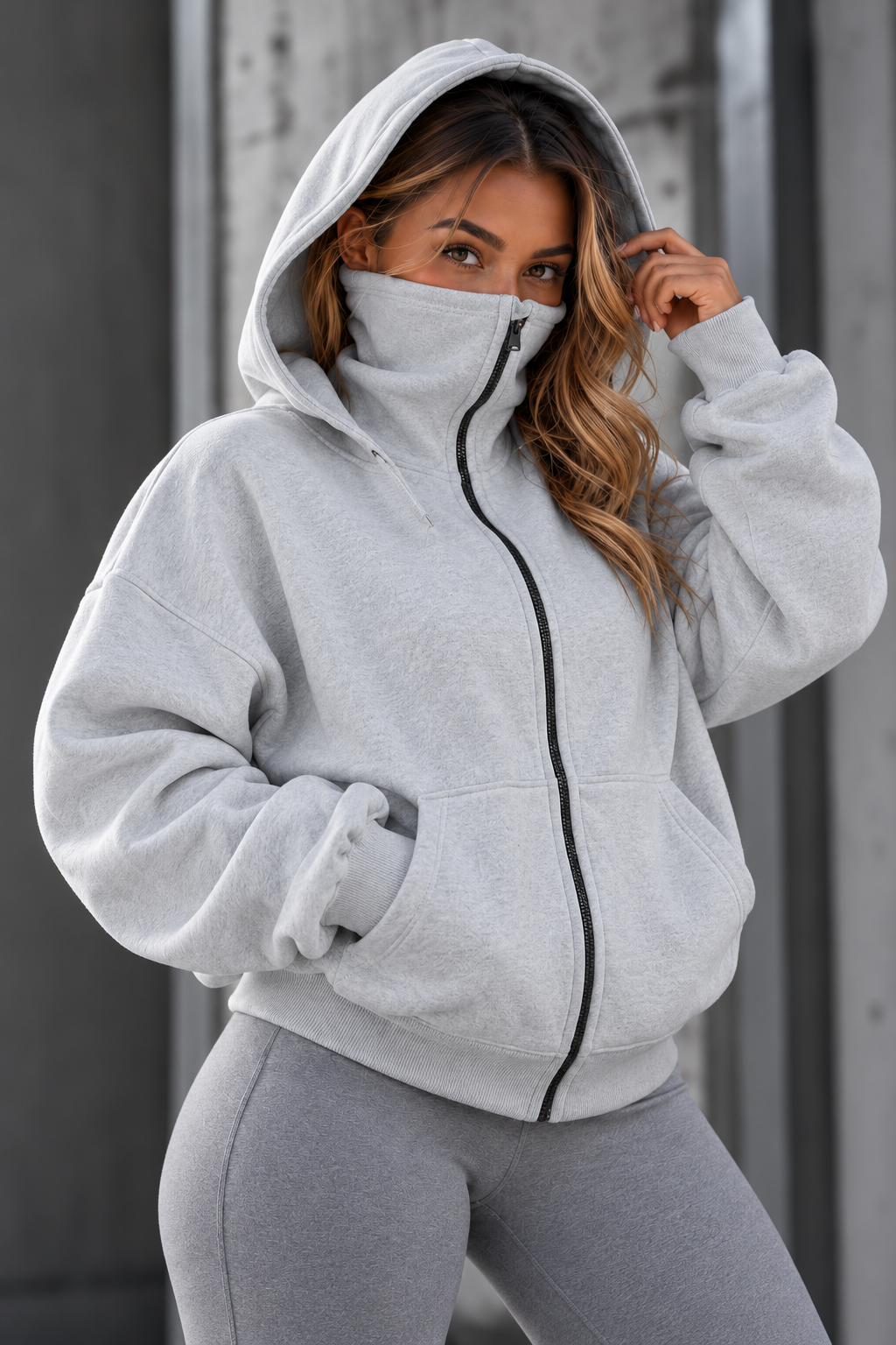 Hoodie femme zippé à capuche intégrée - Gris clair