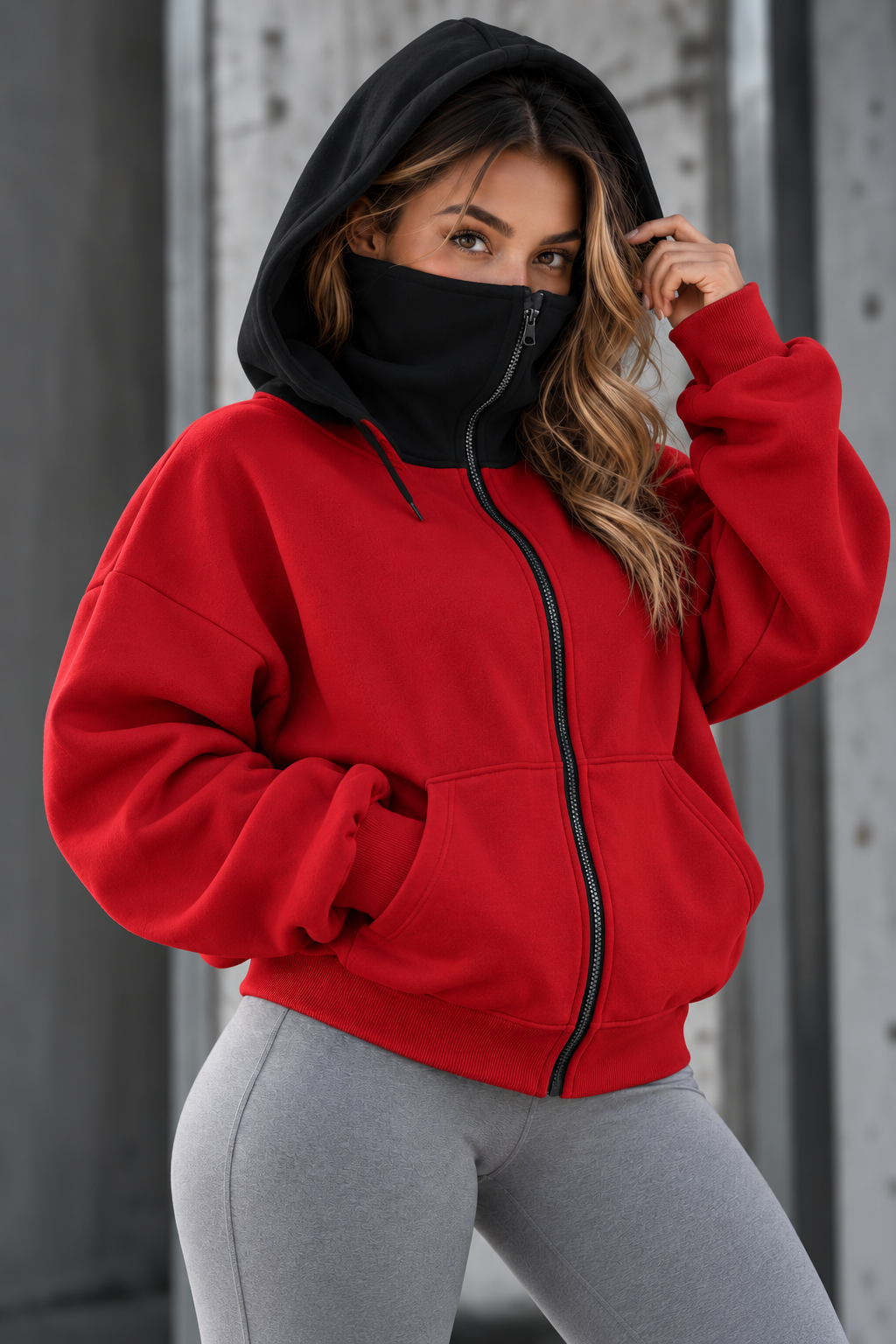 Hoodie femme zippé à capuche intégrée - Rouge capuche noire