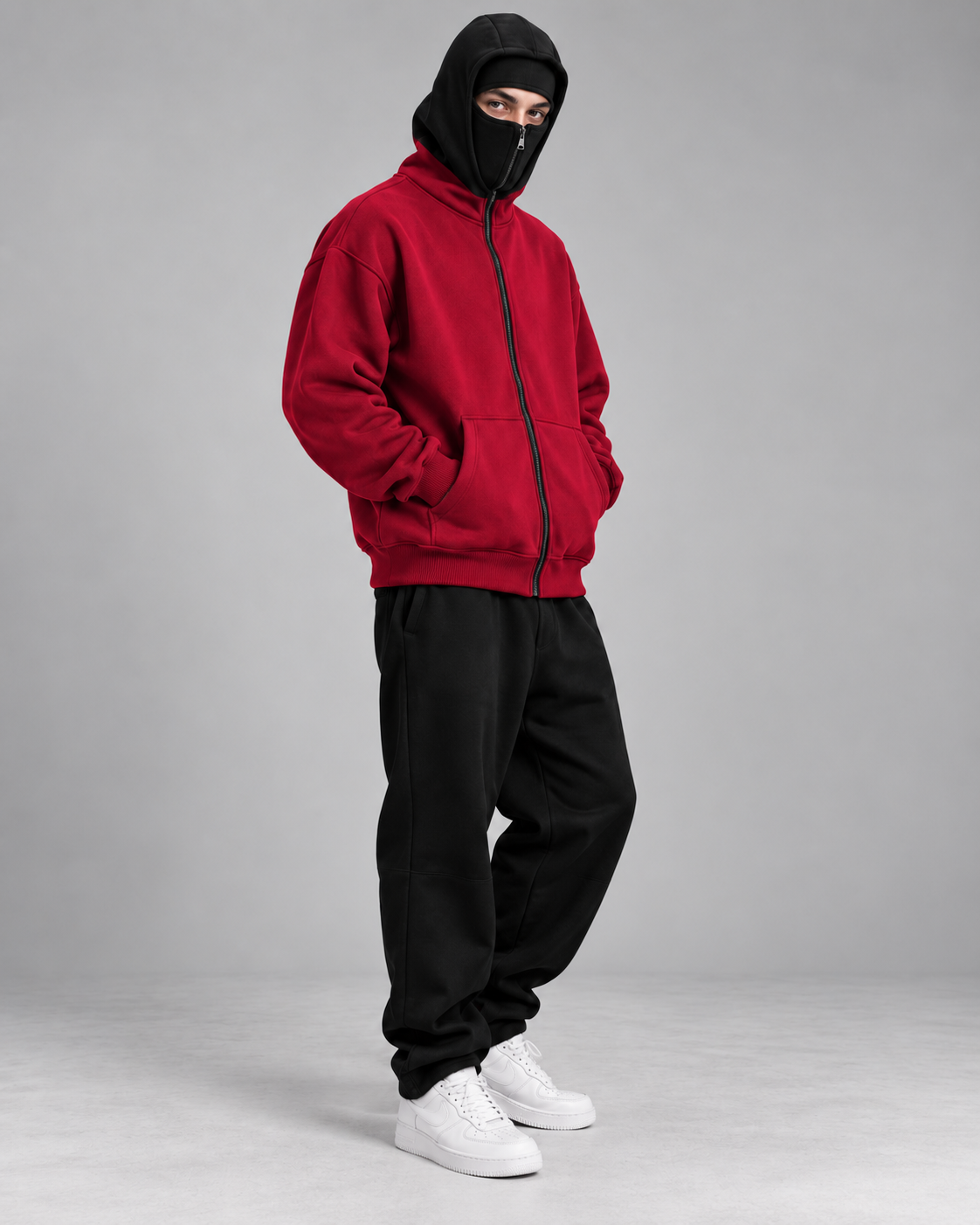 Hoodie homme zippé à capuche intégrée - Rouge capuche noire
