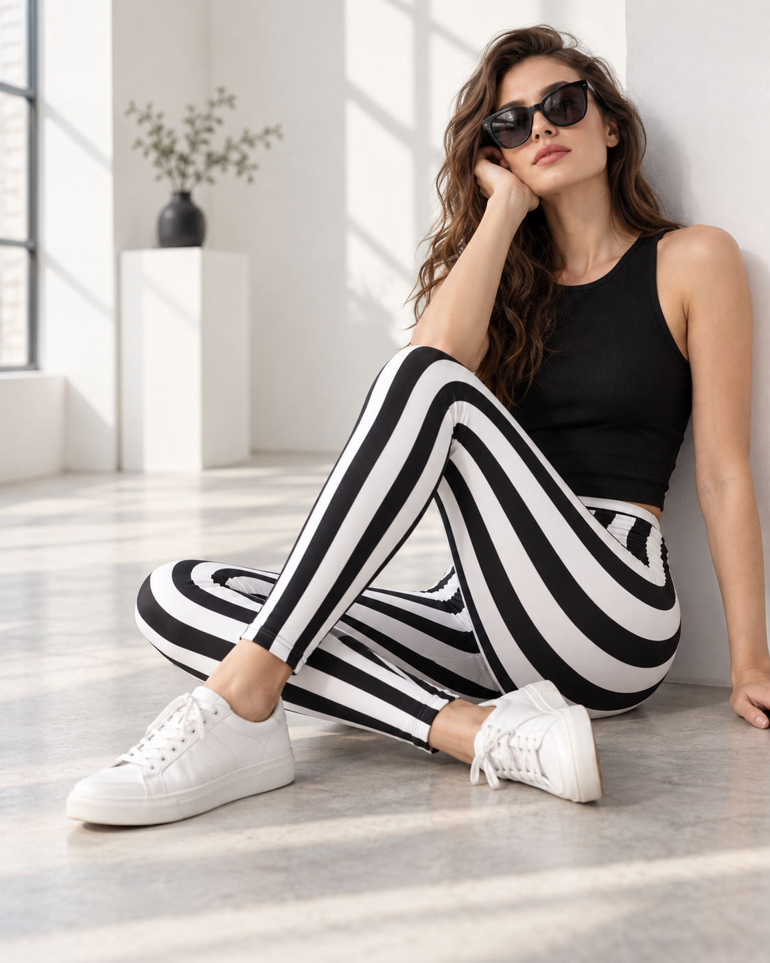 Legging femme rayé vertical noir et blanc - look lifestyle