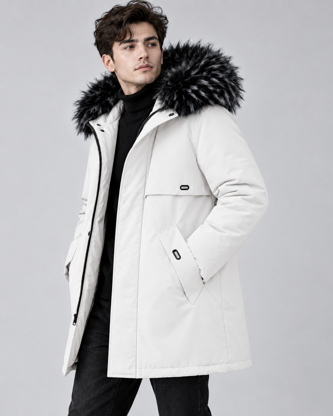 Manteau homme blanc mi-long à capuche doublé polaire BYTOKKI