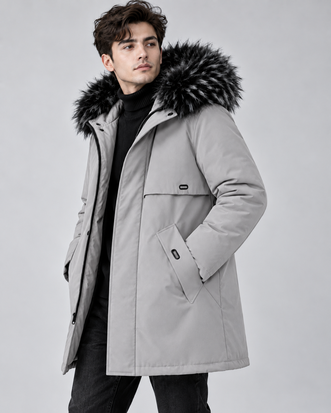 Manteau homme gris clair mi-long à capuche doublé polaire BYTOKKI