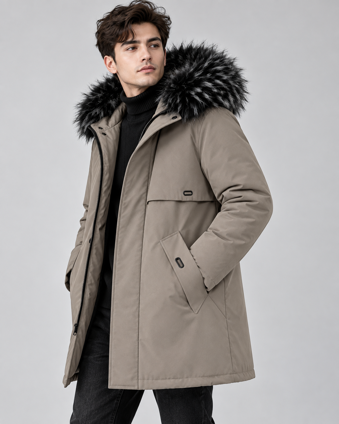 Manteau homme kaki mi-long à capuche doublé polaire BYTOKKI