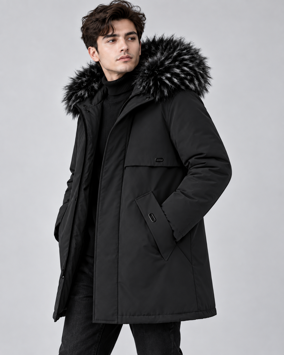 Manteau homme noir mi-long à capuche doublé polaire BYTOKKI