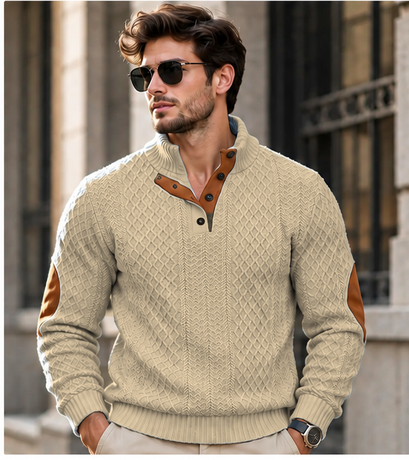 Pull homme col montant en maille jacquard - Beige