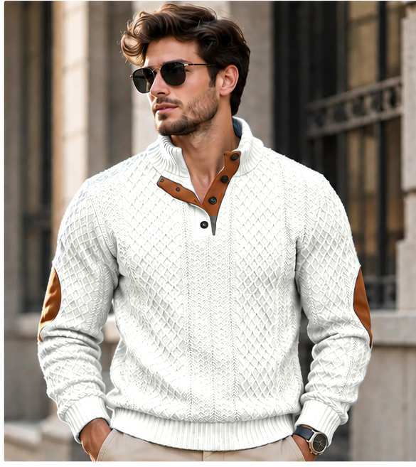 Pull homme col montant en maille jacquard - Blanc