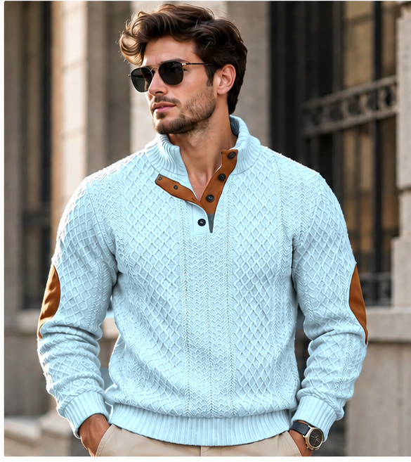 Pull homme col montant en maille jacquard - Bleu clair