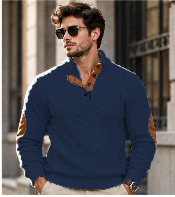 Pull homme col montant en maille jacquard - Bleu marine
