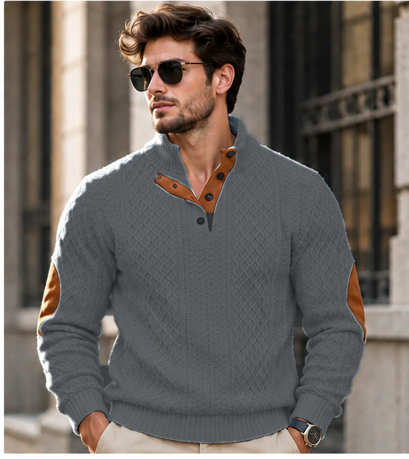 Pull homme col montant en maille jacquard - Gris
