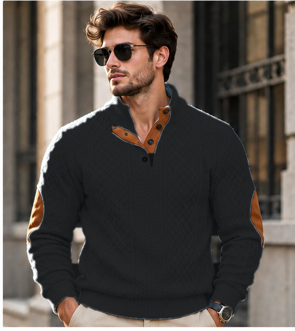 Pull homme col montant en maille jacquard - Noir