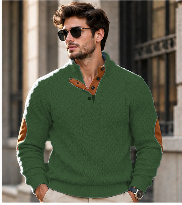 Pull homme col montant en maille jacquard - Vert