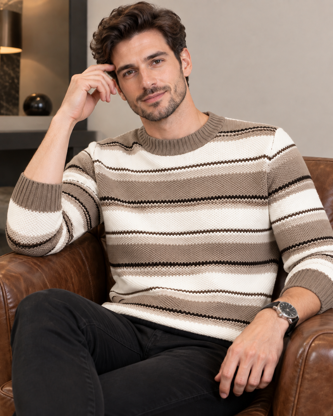 Pull homme rayé en maille - Kaki